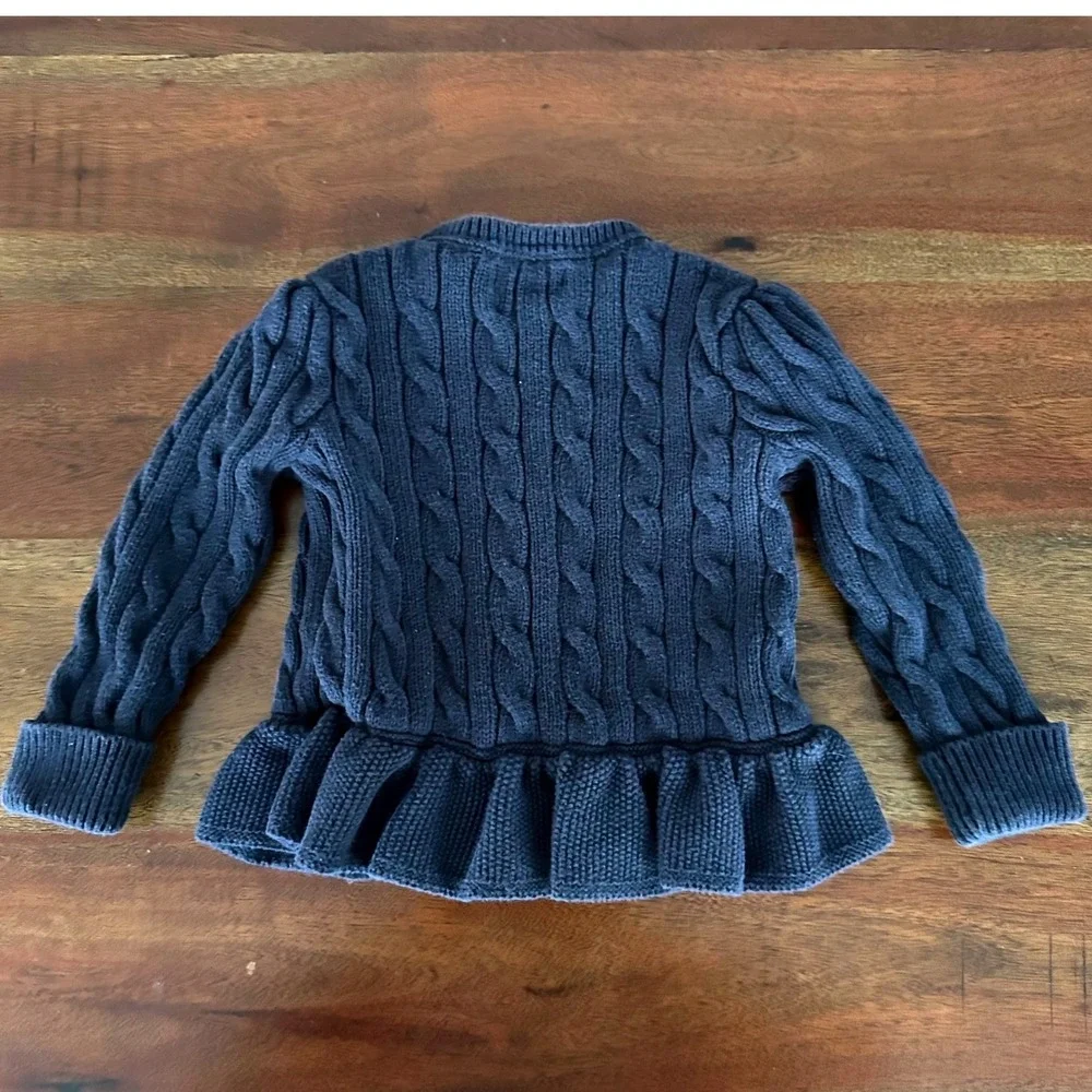 Ralph Lauren Baby Girl 18M Navy Blue Cable Knit Cardigan Peplum Ruffle Pink Pony